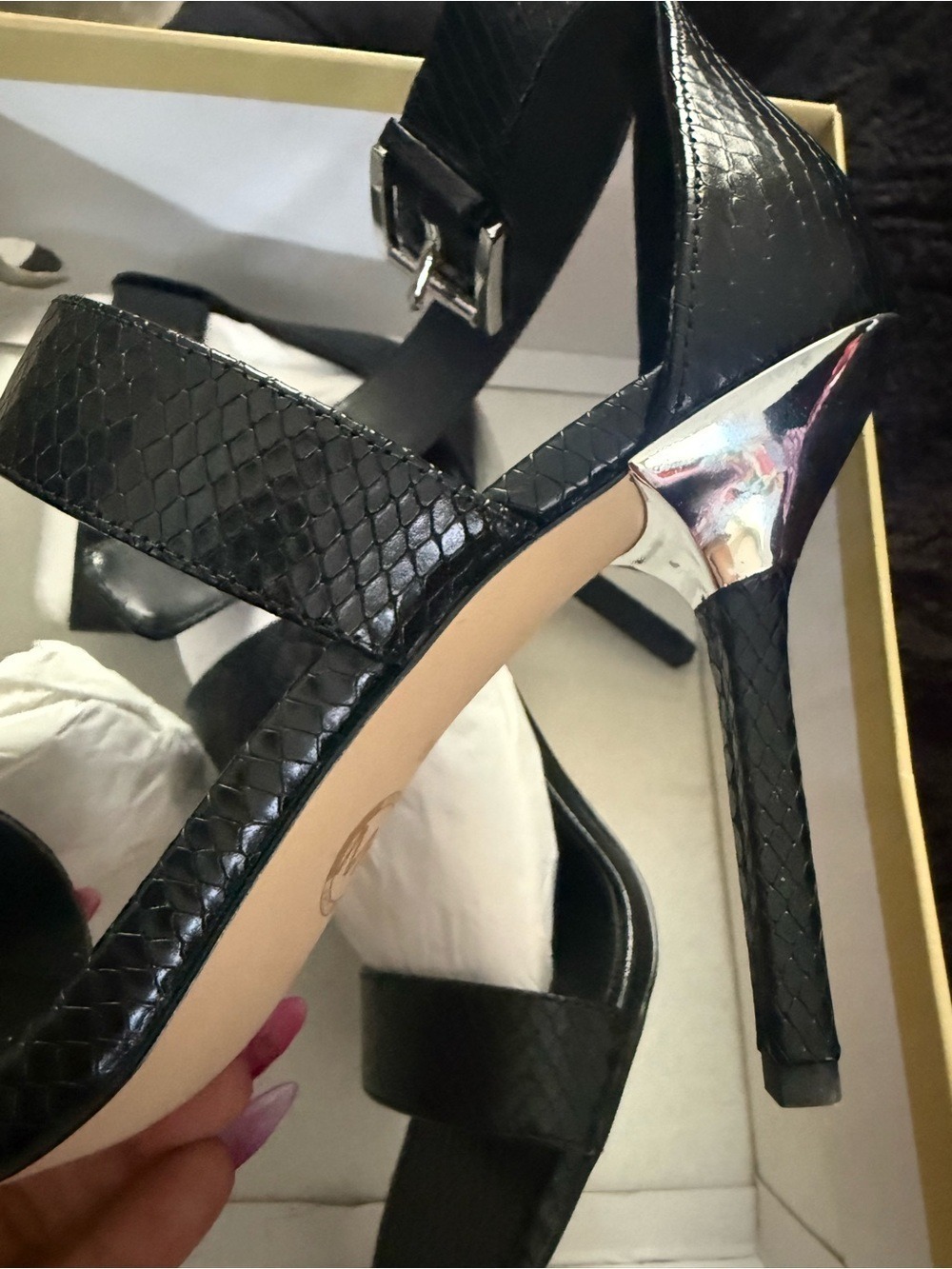 Michael Kors Leather Snakeskin Sandals Embossed Black  Heels Amal Sz 9 $185 NIB - Picture 3 of 5